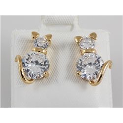 Gold Plated Cat Design Stud Earring with Clear Crystal