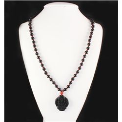 Jade Guanyin Buddha Necklace with Black Agate Beads