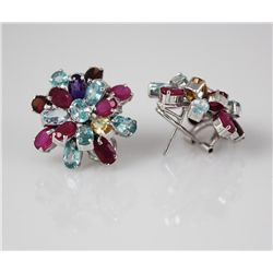 Multi Gemstones Oval Flower Silver Clip Earring, 12.00g