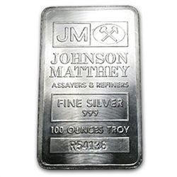 100 oz Johnson Matthey Silver Bar (Pressed) .999 Fine