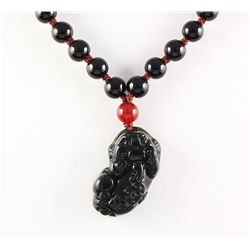 Chinese Jade Pixiu Necklace with Black Agate Beads