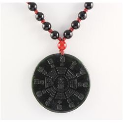 Jade Chinese Bagua Necklace with Black Agate Beads