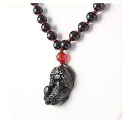 Chinese Jade Pixiu Necklace with Black Agate Beads