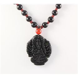 Jade Guanyin Buddha Necklace with Black Agate Beads