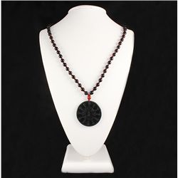 Jade Chinese Bagua Necklace with Black Agate Beads