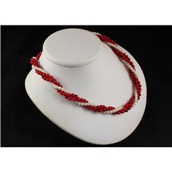 Vintage Pearl Coral Red & White Twisted Necklace