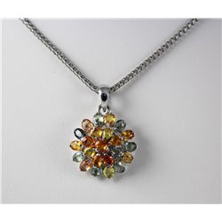 Multi Gemstones Oval Flower Silver Pendant, 3.90g