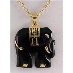 24.66CTW BLACK JADE ELEPHANT GOLD PLATED PENDANT