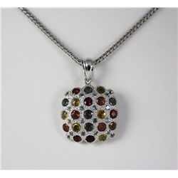 Stylish Multi-Gemstones Round Silver Pendant w/ CZ ston