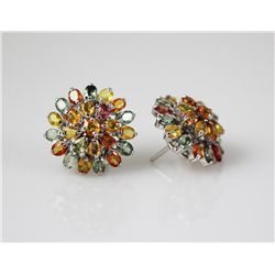 Multi Gemstones Oval Flower Silver Earring, 7.90g