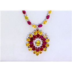 DIAMOND 1.35CT / RUBY 23.32CT / YELLOW SAPPHIRE 27.18CT, 14K W/G NECKLACE 26.39GRAM /