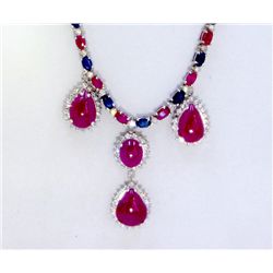 RUBY SMALL 10.82CT / BLUE SAPPHIRE 9.09CT / RUBY CAB 18.76CT,  14K W/G NECKLACE 22.93GRAM / DIAMOND 