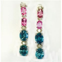 BLUE ZIRCON 9.12CT / PINK SAPPHIRE 2.39CT, 14K W/G EARRING 4.03GRAM / DIAMOND 0.20CT