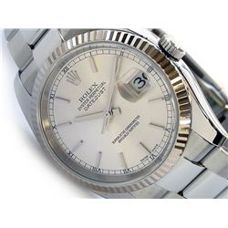 36mm Gents Rolex Stainless Steel Oyster Perpetual Datejust Watch. Silver Dial. 18k White Gold Fluted