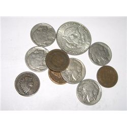 10 TOTAL U.S. COINS INCLUDING SILVER KENNEDY HALF DOLLAR/INDIAN HEAD PENNIES & BUFFALO NICKELS