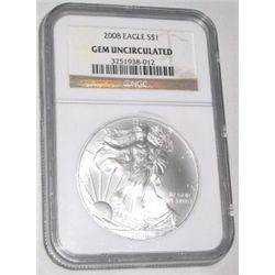 2008 *GEM UNCIRCULATED* CERTIFIED BY NGC SILVER EAGLE SERIAL #3251938-012!! SILVER EAGLE CAME OUT OF