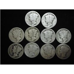 10 ASSORTED 1920'S MERCURY DIMES