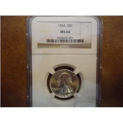 1964 WASHINGTON SILVER QUARTER NGC MS64