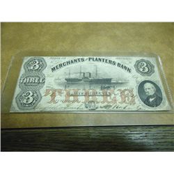 1856 MERCHANTS PLANTERS BANK $3 OBSOLETE BANK NOTE