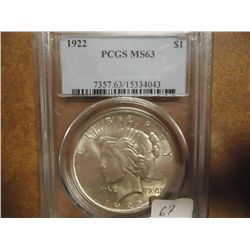 1922 PEACE SILVER DOLLAR PCGS MS63