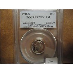 1991-S ROOSEVELT DIME PCGS PR70 DCAM