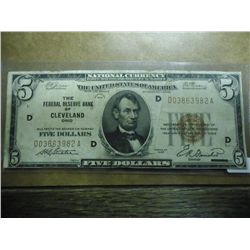 1929 $5 NATIONAL CURRENCY CLEVELAND, OHIO