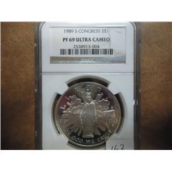 1989-S CONGRESS SILVER DOLLAR NGC PF69 ULTRA CAMEO