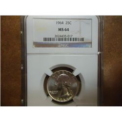 1964 WASHINGTON SILVER QUARTER NGC MS64