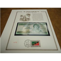 ST. KITTS & NEVIS $5 CRISP UNC CURRENCY & STAMP