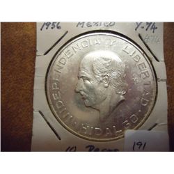 1956 MEXICO SILVER 10 PESOS UNC .8356 OZ. ASW