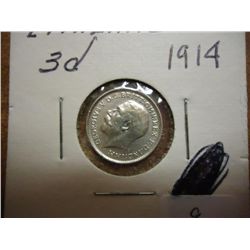 1914 GREAT BRITAIN SILVER 3 PENCE CLEANED
