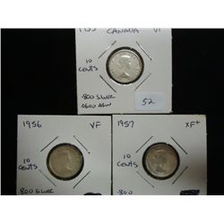 1955,56 & 57 CANADA SILVER 10 CENTS