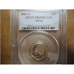 2001-S SILVER ROOSEVELT DIME PCGS PR69 DCAM