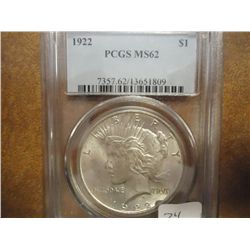 1922 PEACE SILVER DOLLAR PCGS MS62