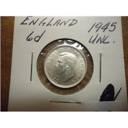 1945 GREAT BRITAIN SILVER 6 PENCE (UNC)