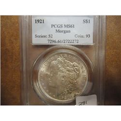 1921 MORGAN SILVER DOLLAR PCGS MS61