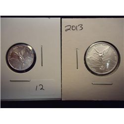2 MEXICO SILVER LIBERTADS UNC 2013 1/10 OZ AND