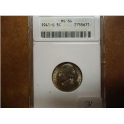 1941-S JEFFERSON NICKEL ANACS MS64