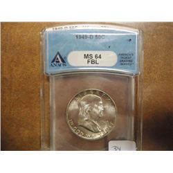 1949-D FRANKLIN HALF DOLLAR ANACS MS64 FBL