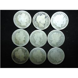 9 ASSORTED 1890'S BARBER DIMES