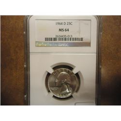 1964-D WASHINGTON SILVER QUARTER NGC MS64