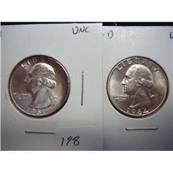 1961 & 1964-D WASHINGTON SILVER QUARTERS (UNC)