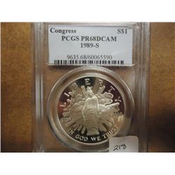 1989-S CONGRESS SILVER DOLLAR PCGS PR68 DCAM