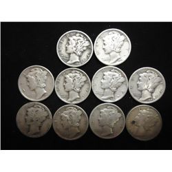 10 ASSORTED 1940'S MERCURY DIMES