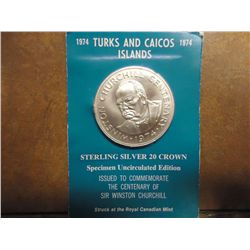 1974 TURKS & CAICOS STERLING SILVER 20 CROWN