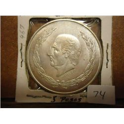 1953 MEXICO SILVER 5 PESOS .6430 OZ. ASW UNC
