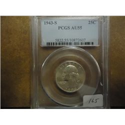 1943-S WASHINGTON SILVER QUARTER PCGS AU55