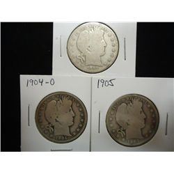 1899-S,1904-O & 05 BARBER HALF DOLLARS