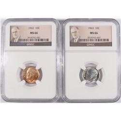 1962 AND 1963 ROOSEVELT DIMES BOTH NGC MS-66