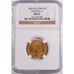 1882 BELGIUM 20 F POSITION A GOLD NGC MS-65